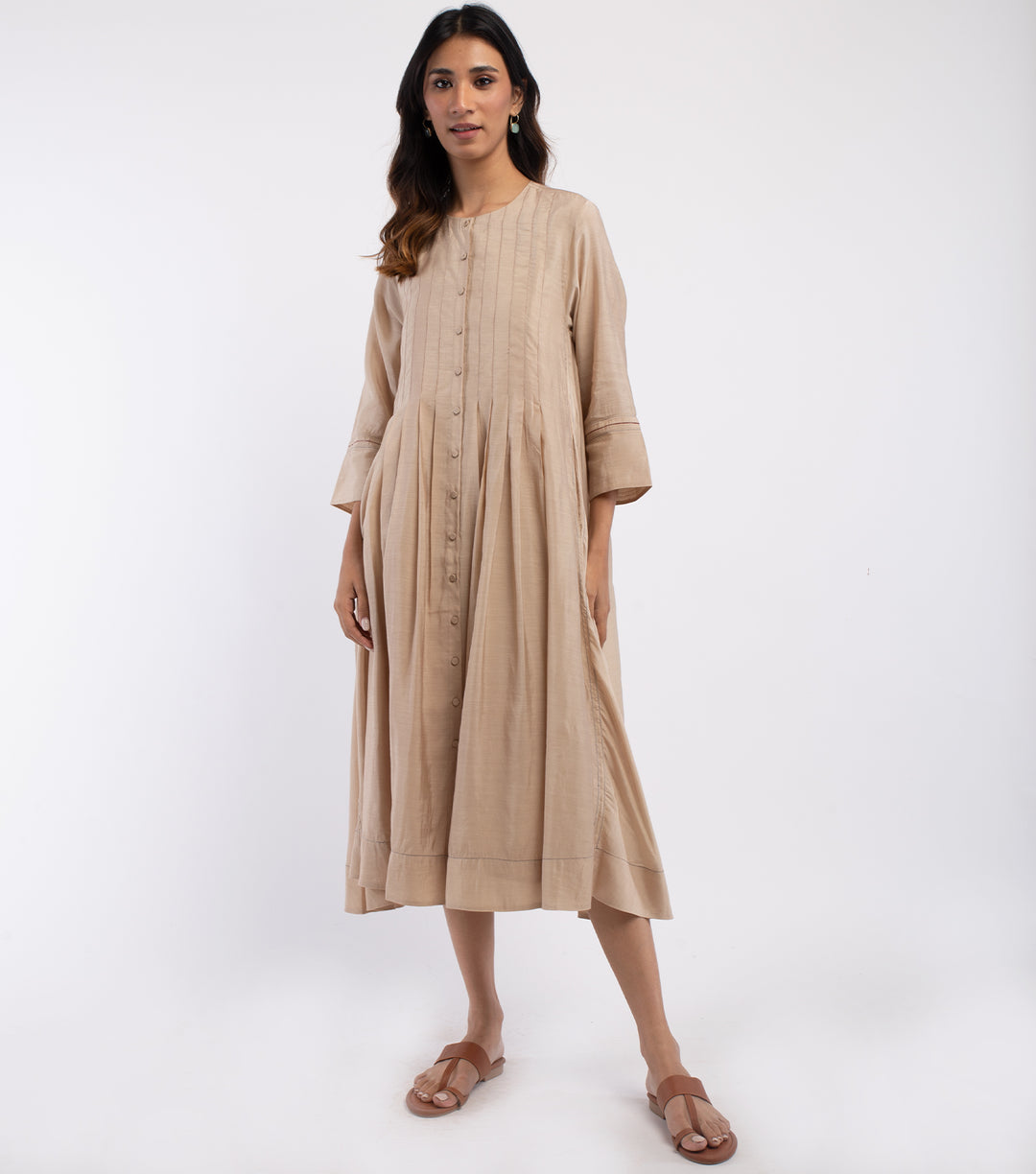 Beige Embroidered Chanderi Dress