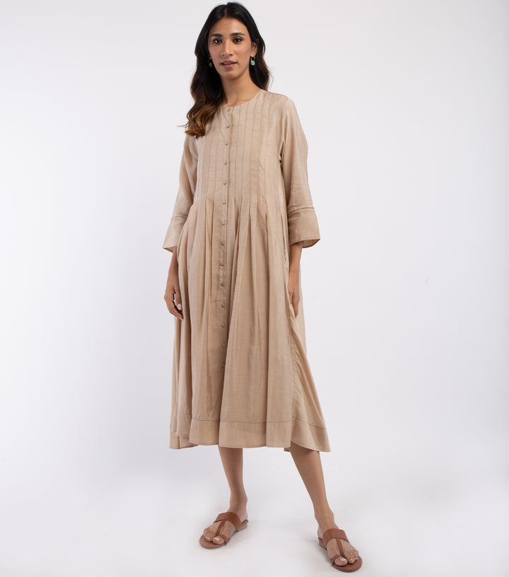 Beige Embroidered Chanderi Dress