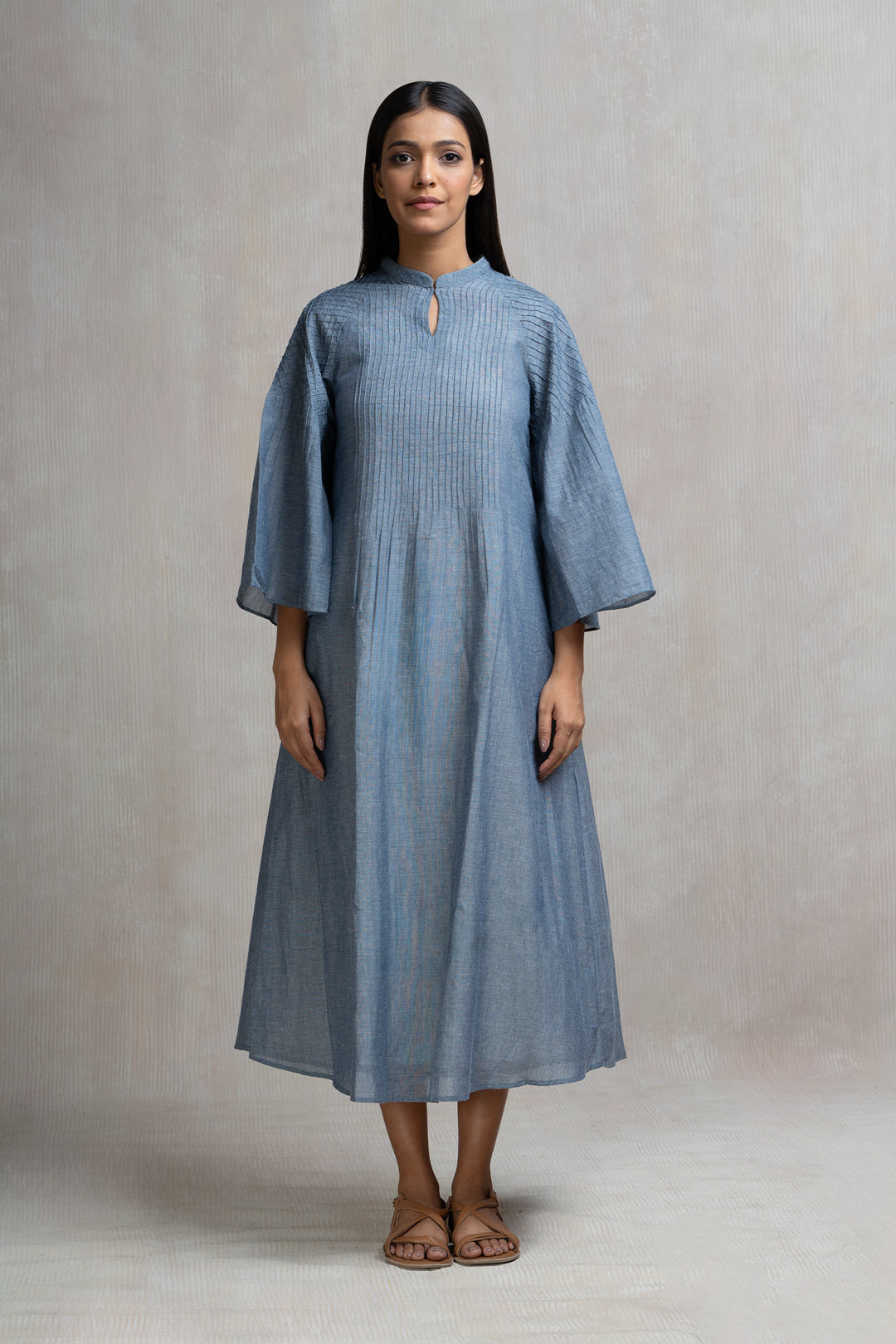 Woven Chambray Pintucked Long Dress