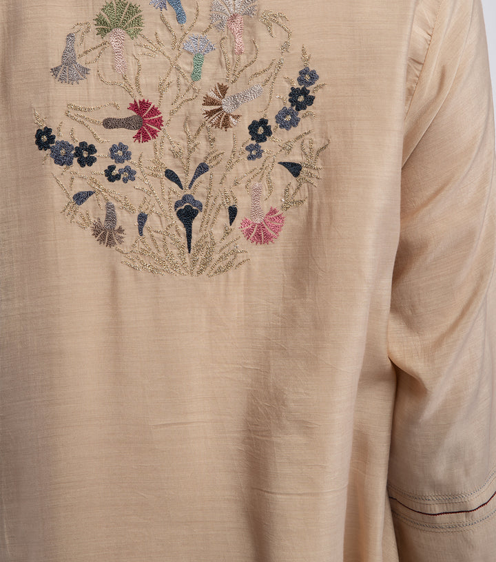 Beige Embroidered Chanderi Dress