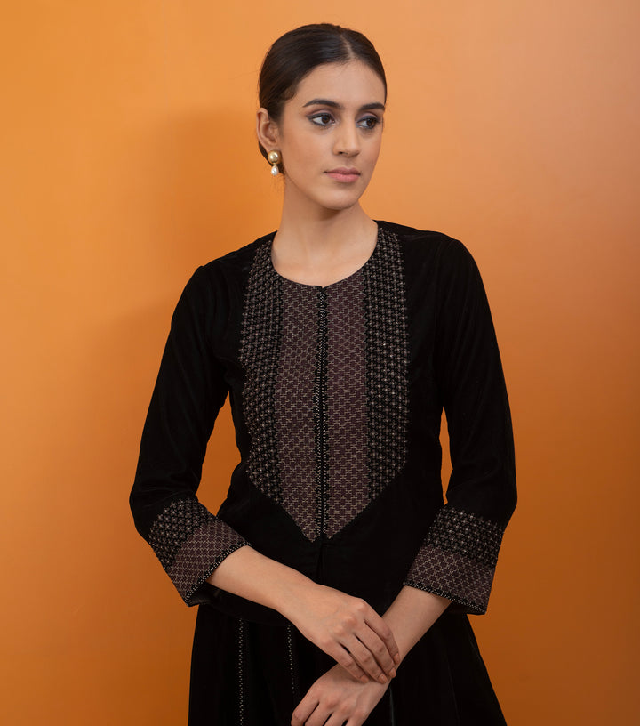 Black Hand Embroidered Velvet Blouse