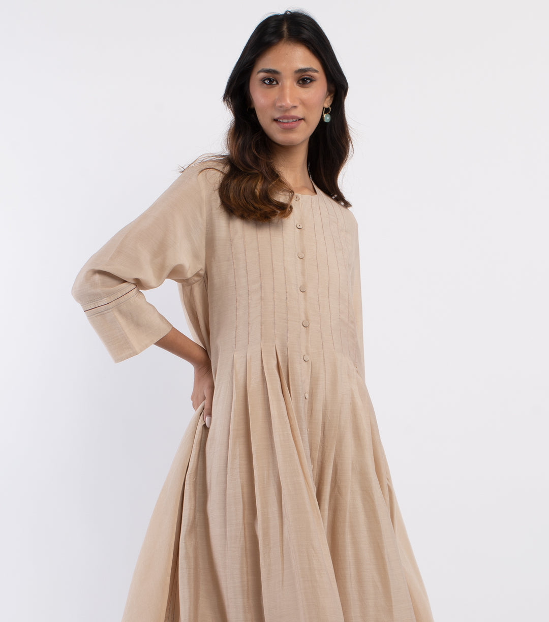 Beige Embroidered Chanderi Dress