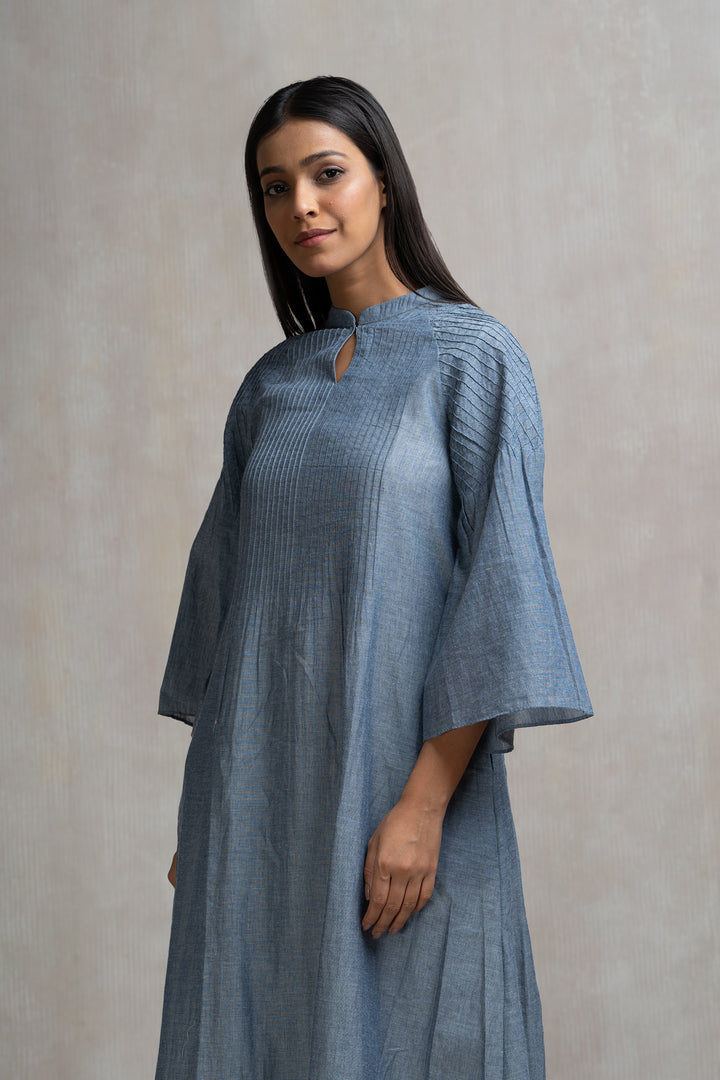 Woven Chambray Pintucked Long Dress