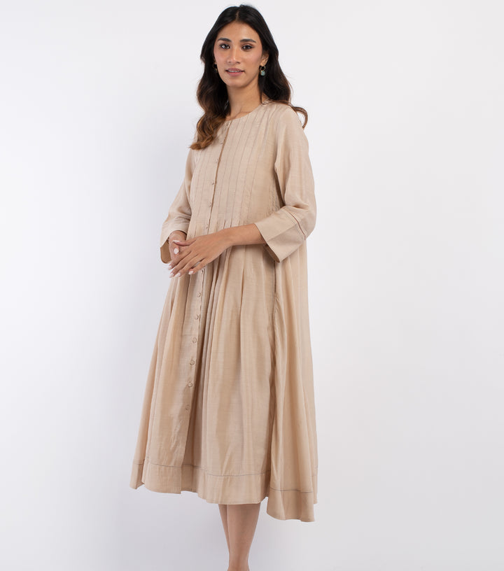 Beige Embroidered Chanderi Dress