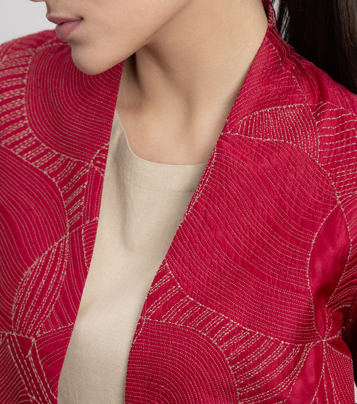 Red Embroidered Quilted Silk Jacket