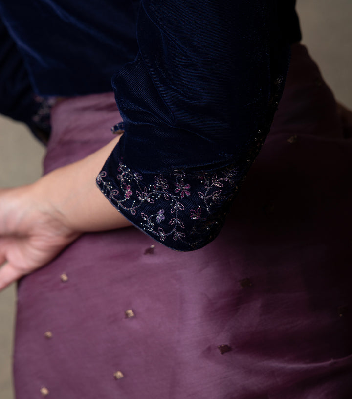 Navy Blue Embroidered Velvet Blouse