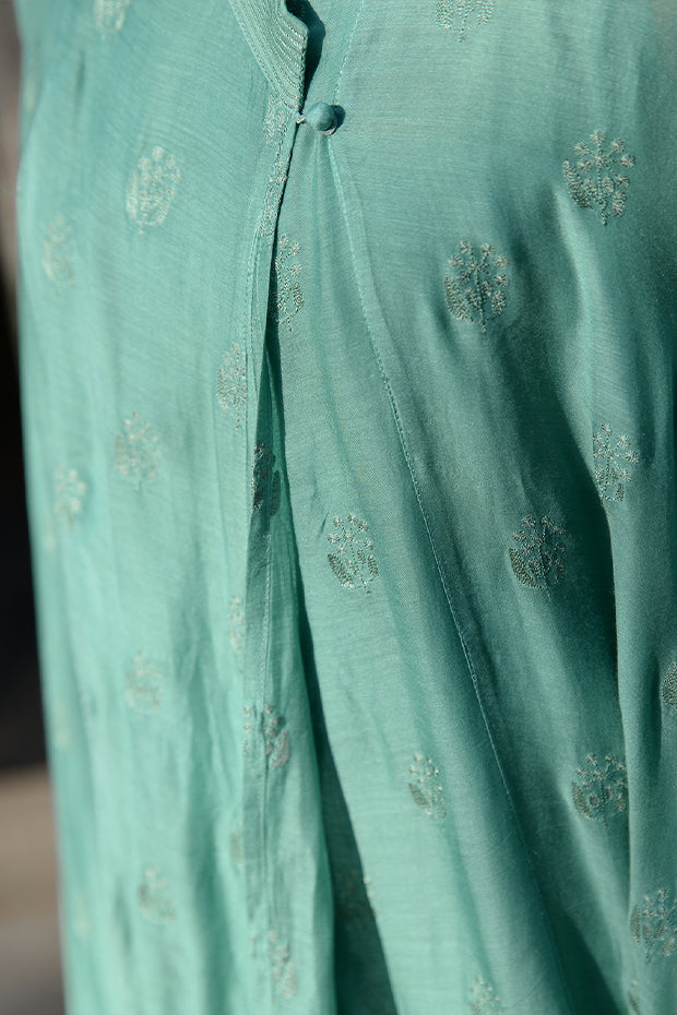 JADE GREEN THREAD EMBROIDERED MUSLIN CHOGA