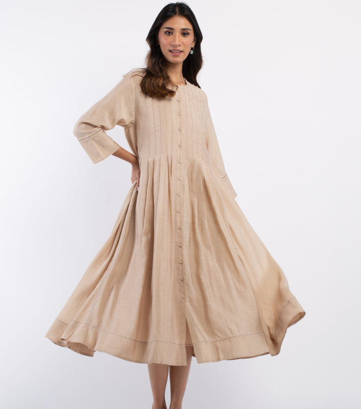 Beige Embroidered Chanderi Dress