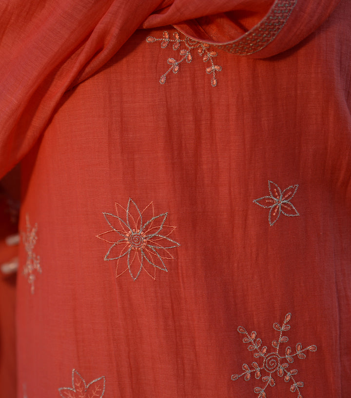 Deep Coral Embroidered Chanderi Suit Set