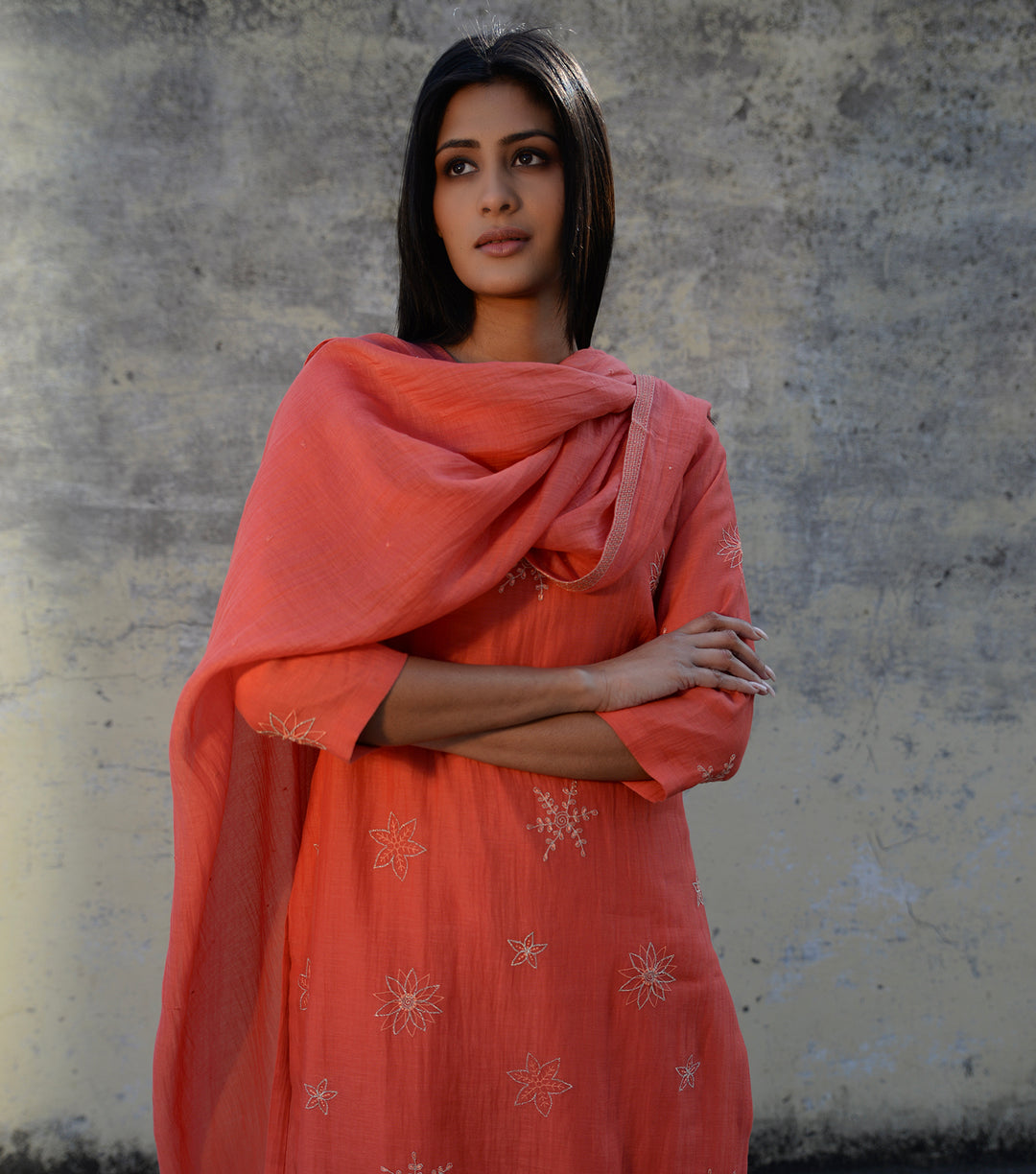 Deep Coral Embroidered Chanderi Suit Set