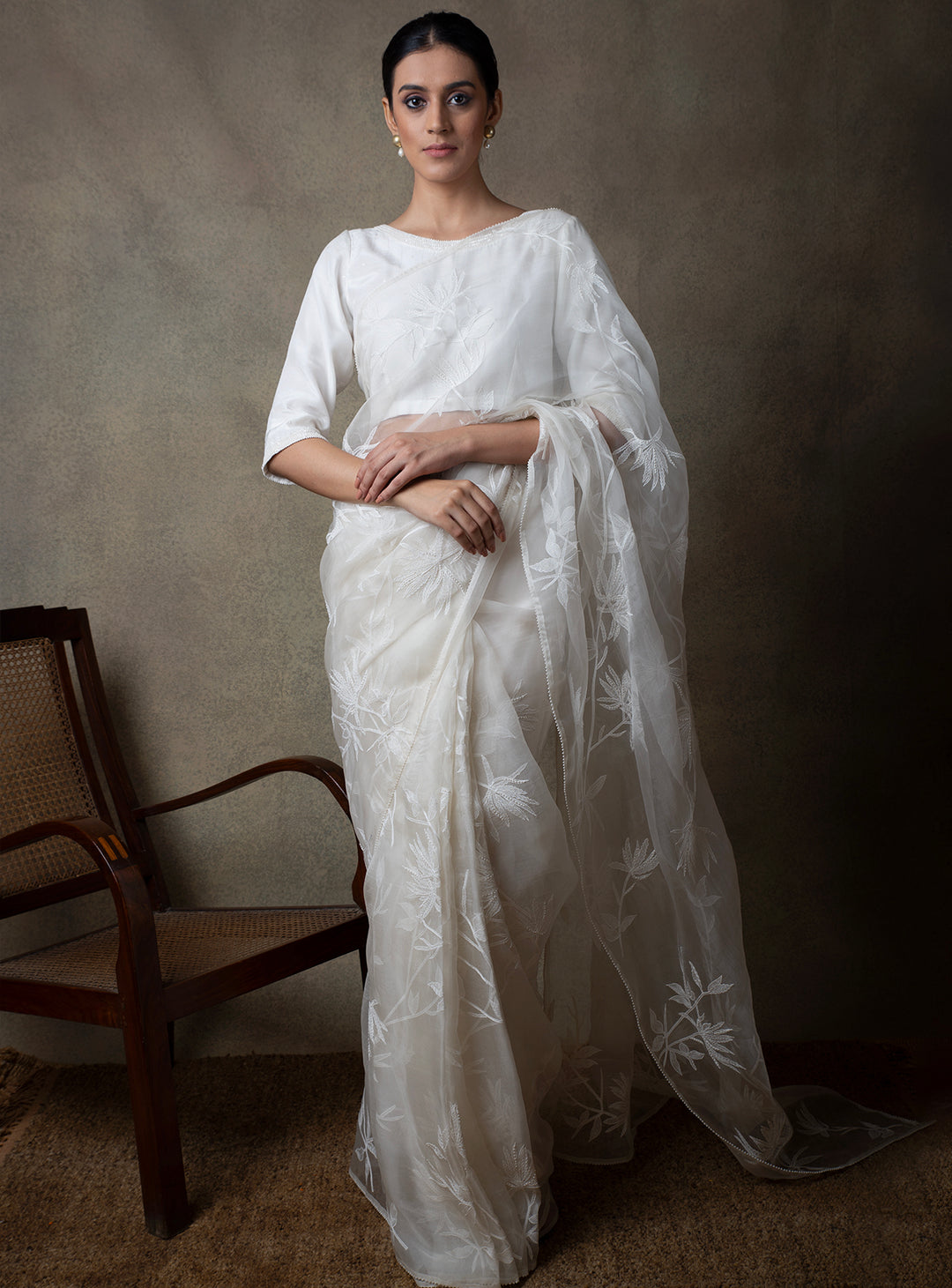 White Hand Embroidered Organza Saree