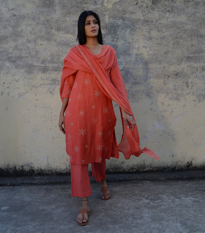 Deep Coral Embroidered Chanderi Suit Set