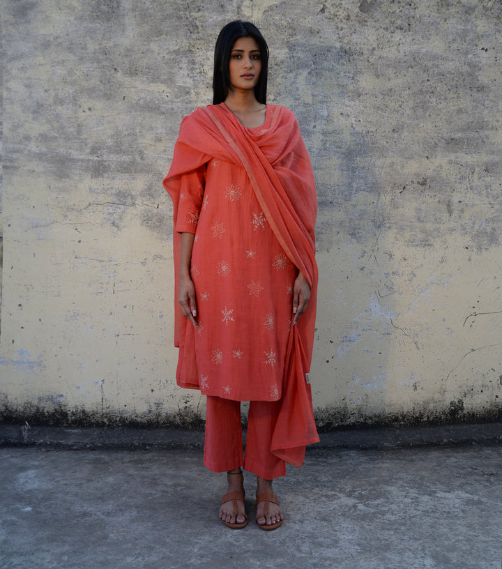 Deep Coral Embroidered Chanderi Suit Set