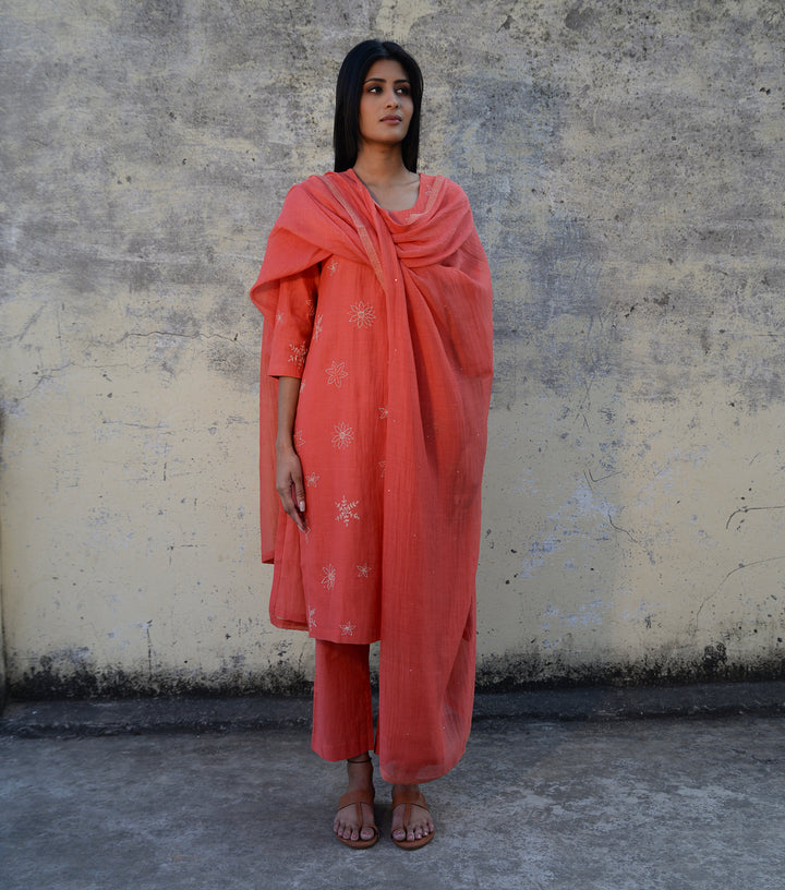 Deep Coral Embroidered Chanderi Suit Set