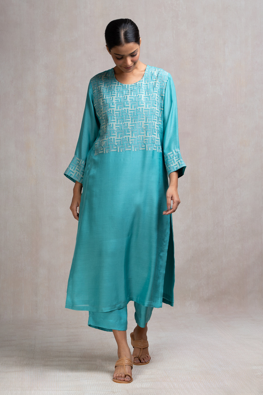 Embroidered Chanderi Kurta Set with Pants & Dupatta