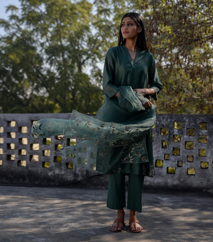 Dil Noor Green Chanderi Kurta Set with Embroidered Organza Dupatta