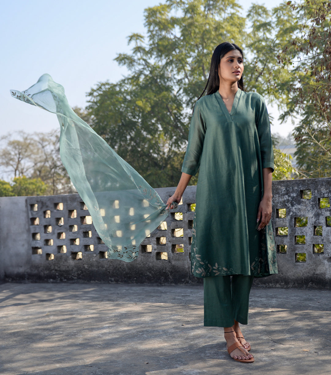 Dil Noor Green Chanderi Kurta Set with Embroidered Organza Dupatta