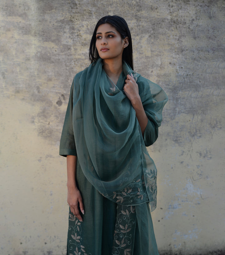 Dil Noor Green Chanderi Kurta Set with Embroidered Organza Dupatta