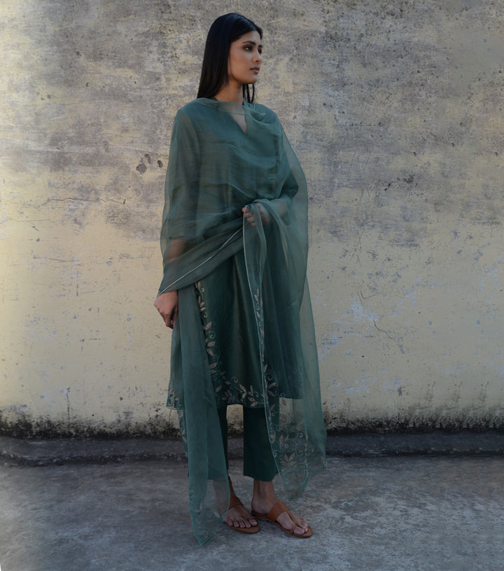 Dil Noor Green Chanderi Kurta Set with Embroidered Organza Dupatta