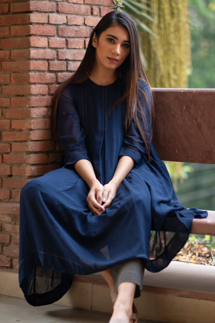 Navy Blue Georgette Kurta & Cotton Pants Set