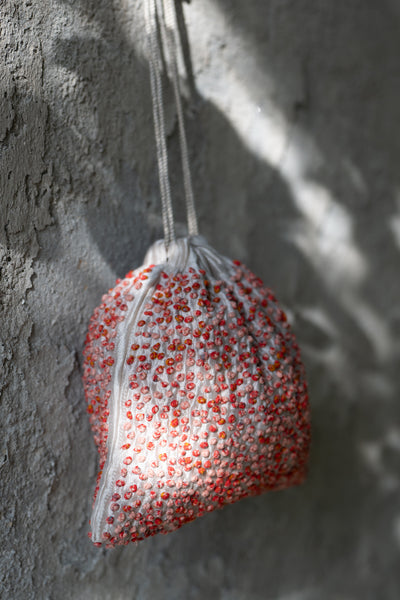 Grey Red Silk French Knot Potli