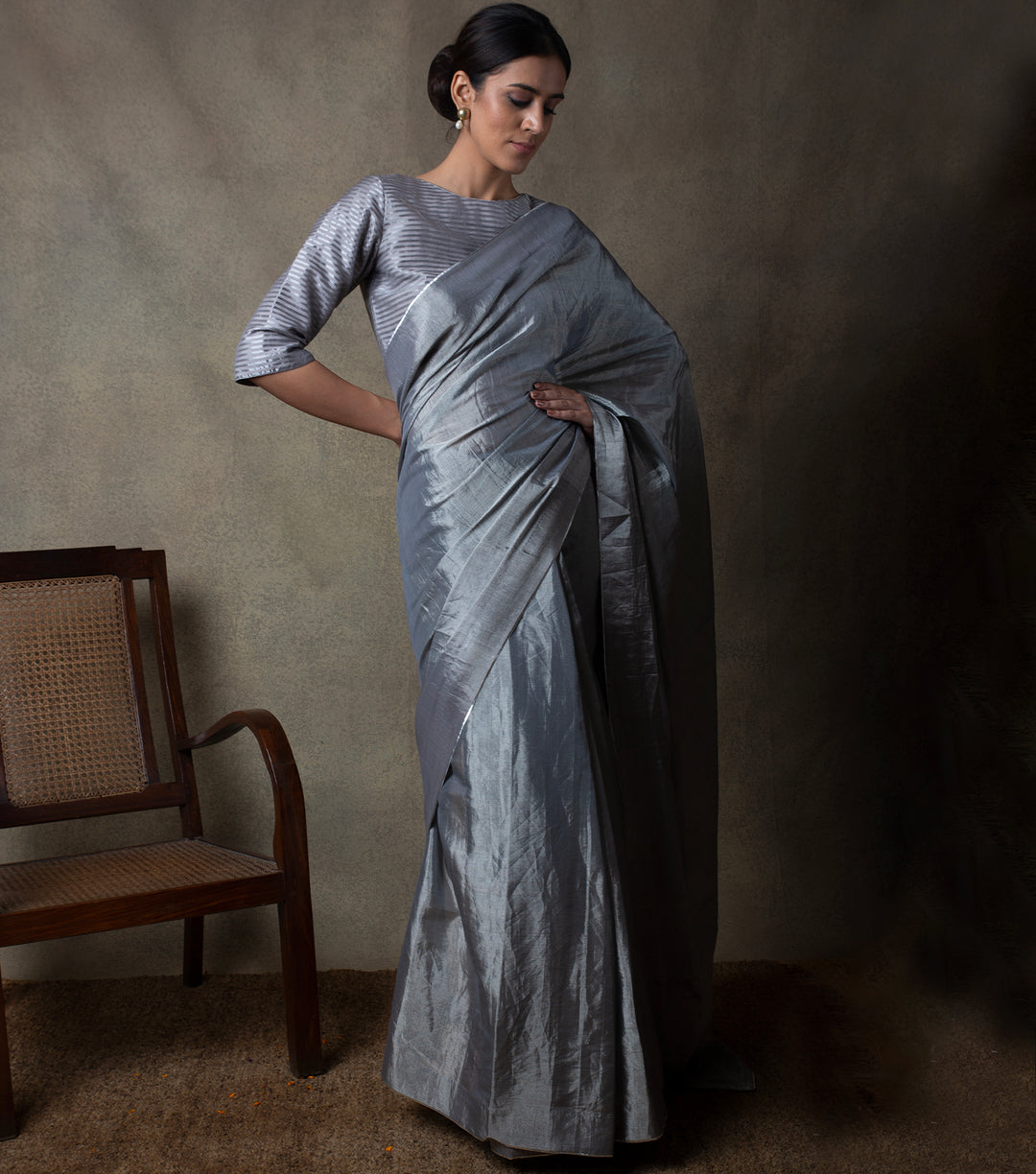 Grey Solid Tissue Saree