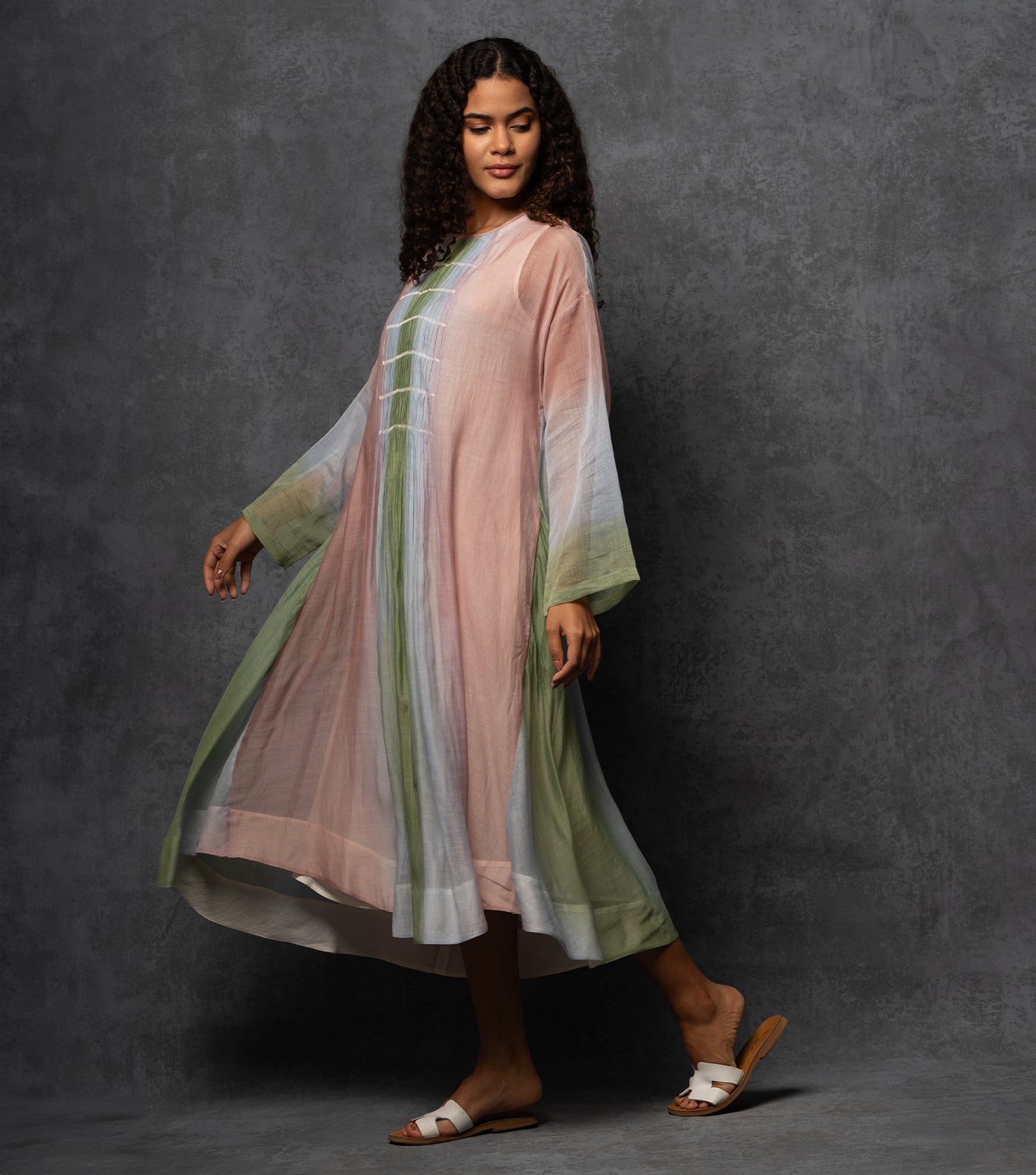 Ombre Grace Thread Embroidered Cotton-Silk Long Dress