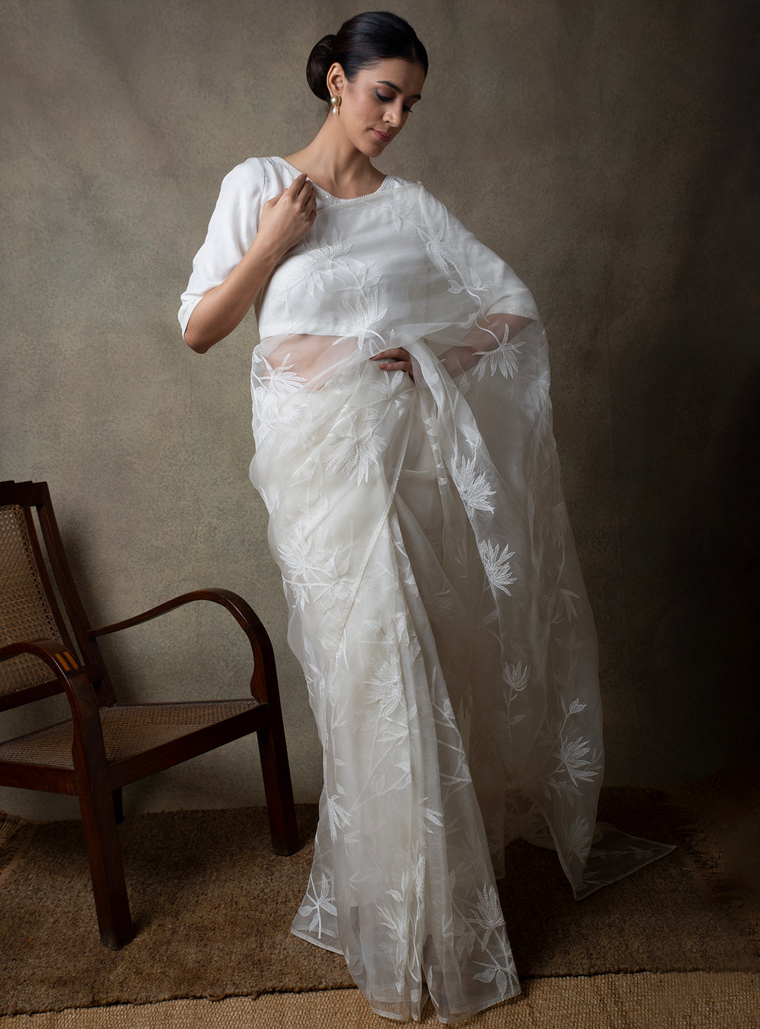 White Hand Embroidered Organza Saree