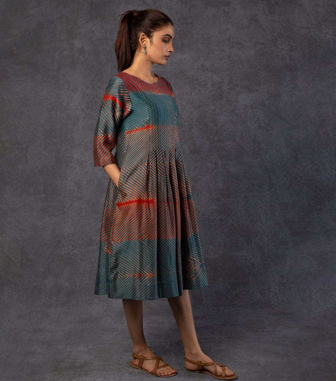 Blue & Red Pleated Chanderi Dress