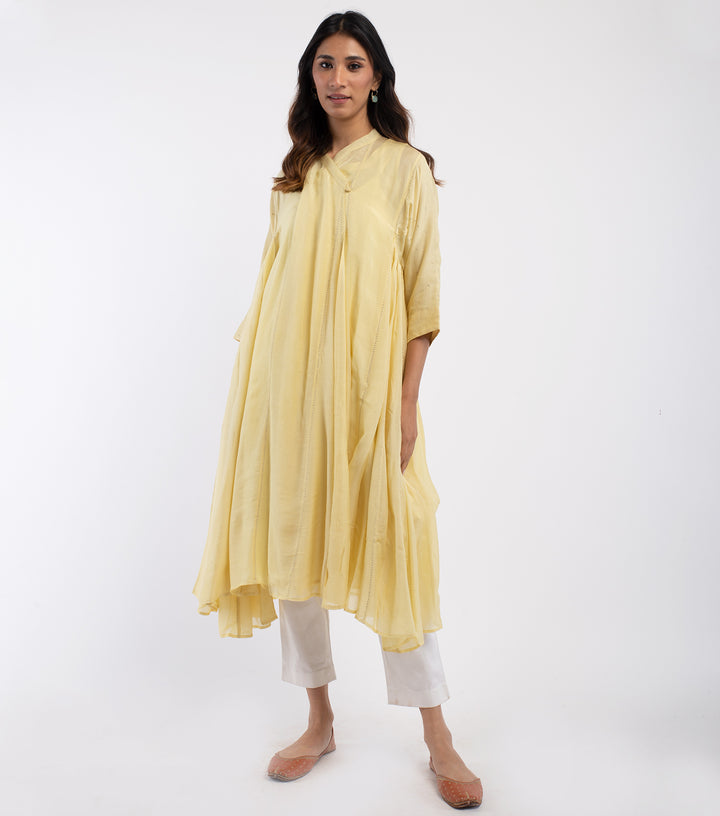 Yellow embroidered Cotton Silk choga