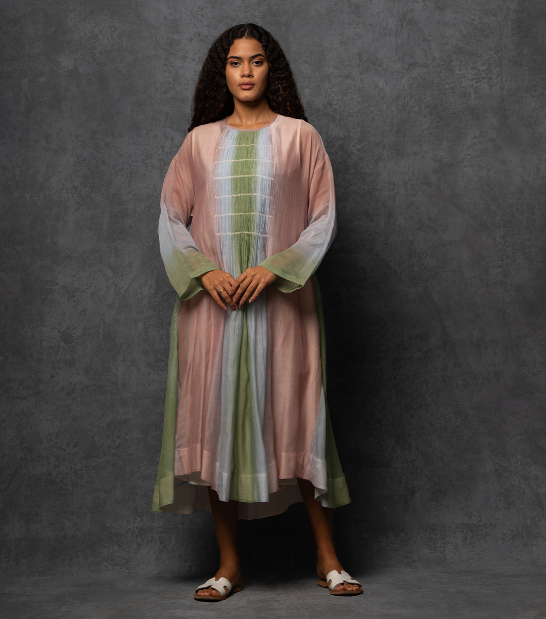 Ombre Grace Thread Embroidered Cotton-Silk Long Dress