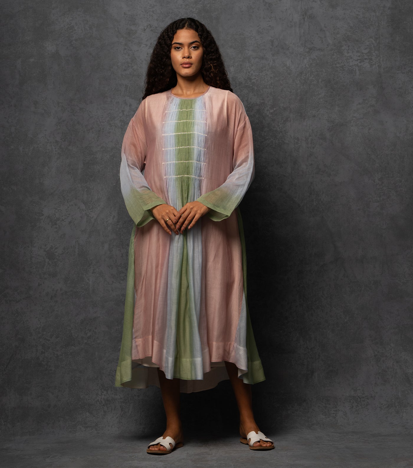 Ombre Grace Thread Embroidered Cotton-Silk Long Dress