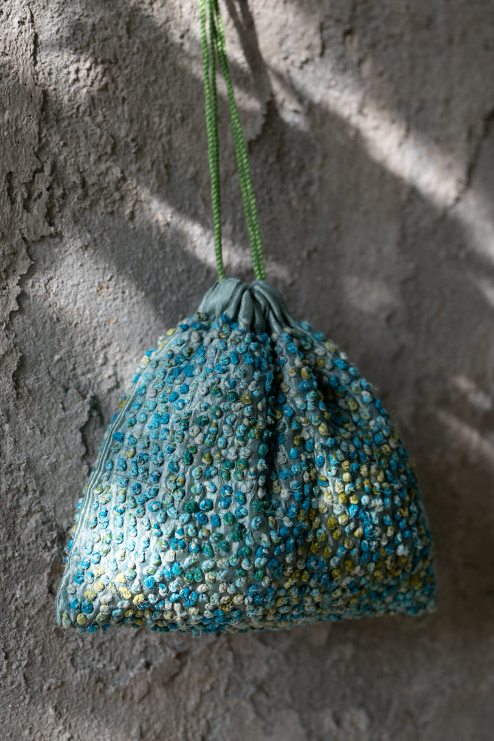 Aqua Blue Silk French Knot Potli