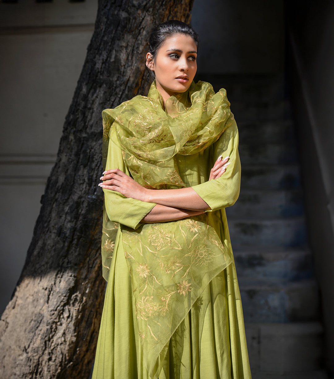 GREEN FLORAL ESCAPE MUSLIN PANELLED KURTA SET