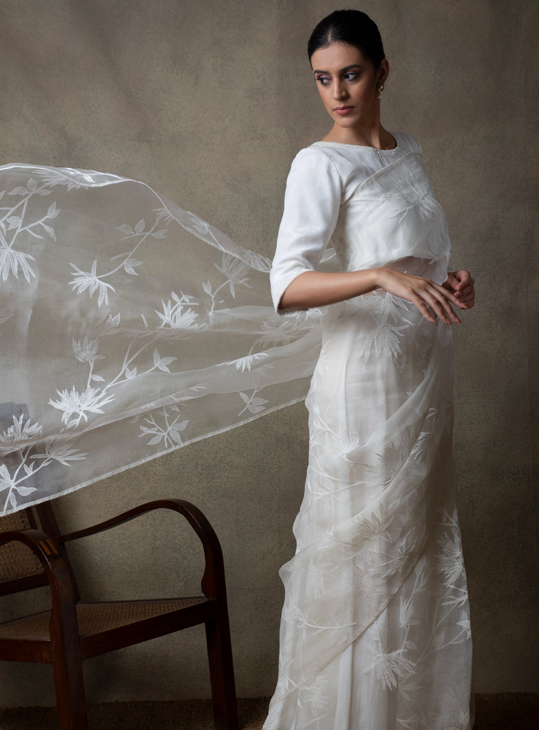 White Hand Embroidered Organza Saree