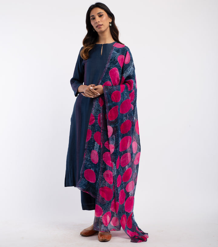 Navy Blue Cotton Silk Kurta & Palazzo Pants Set