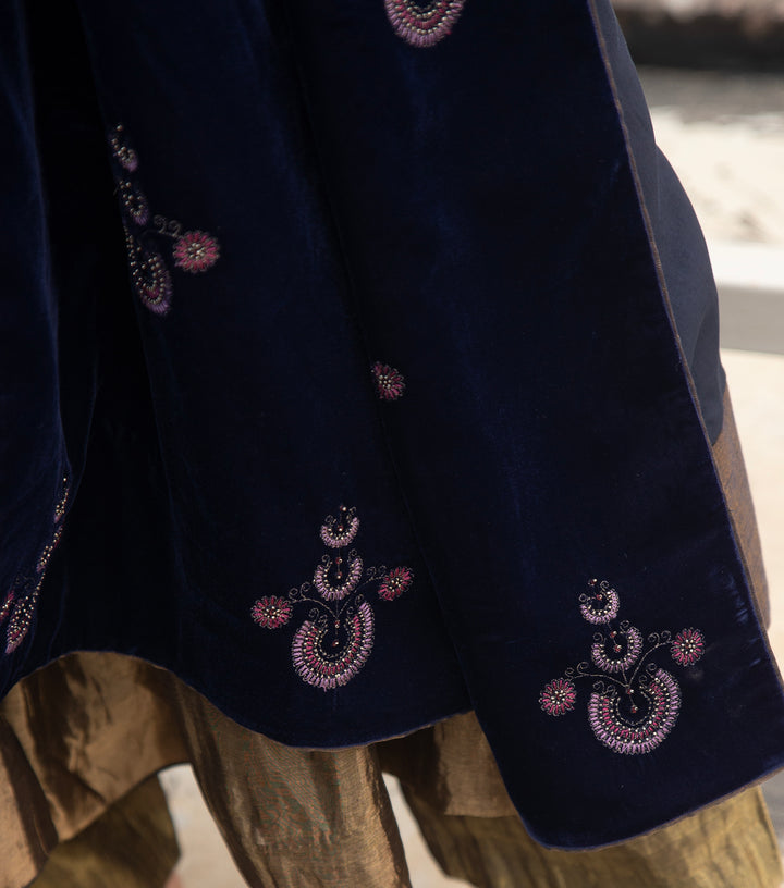 Navy Blue Hand Embroidered Velvet Dupatta