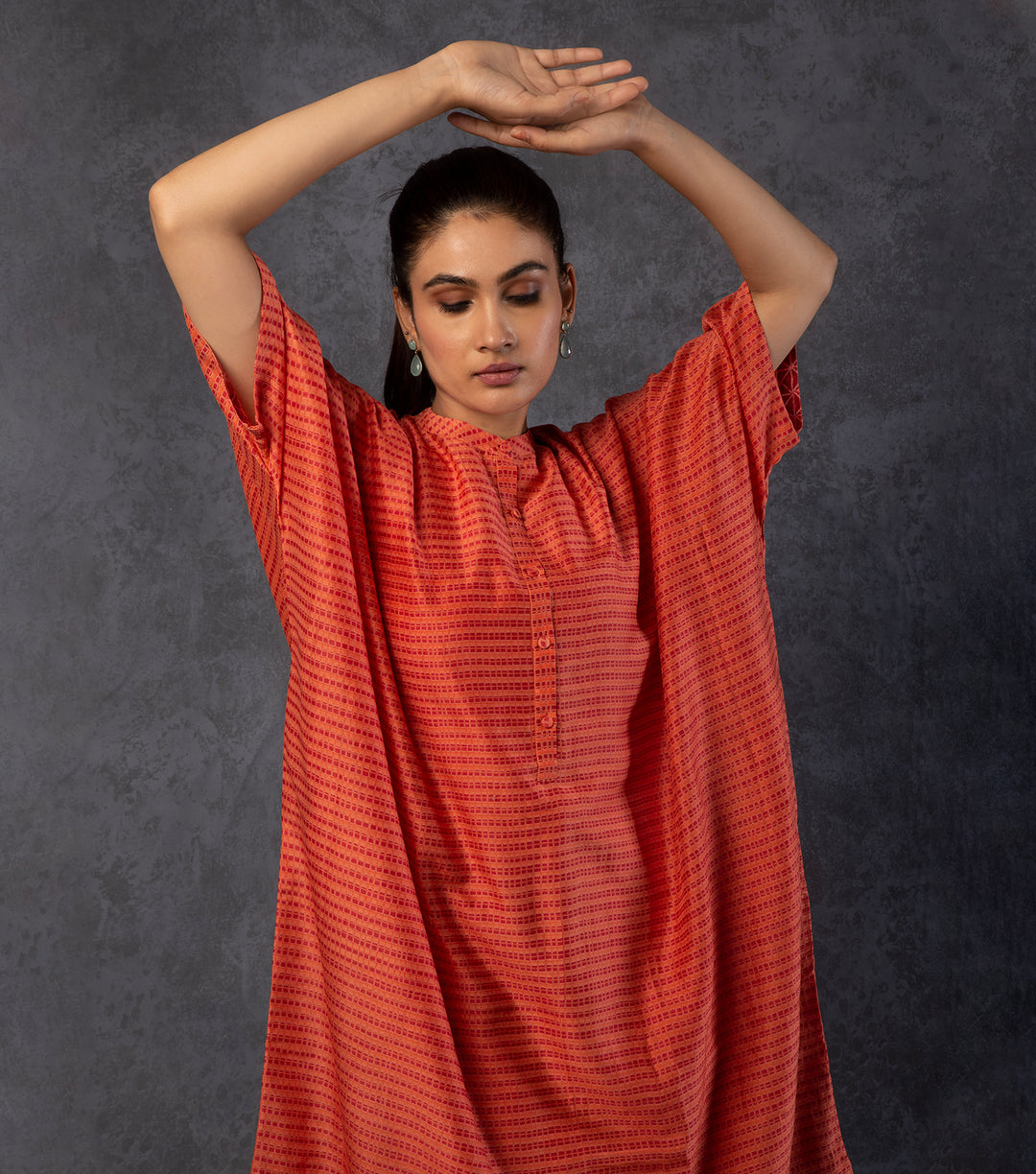 Orange Printed Chanderi Kaftan Dress