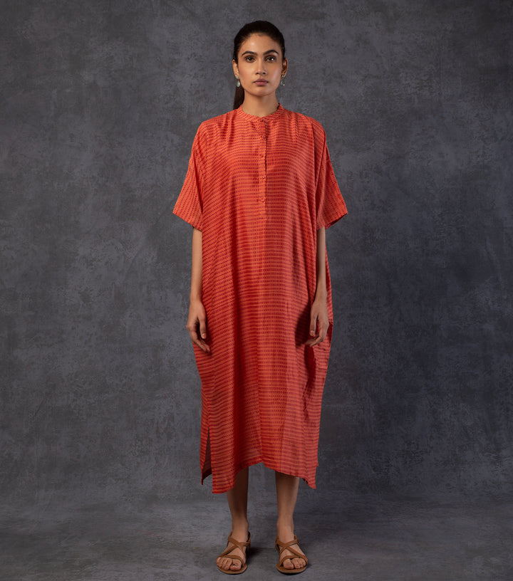 Orange Printed Chanderi Kaftan Dress