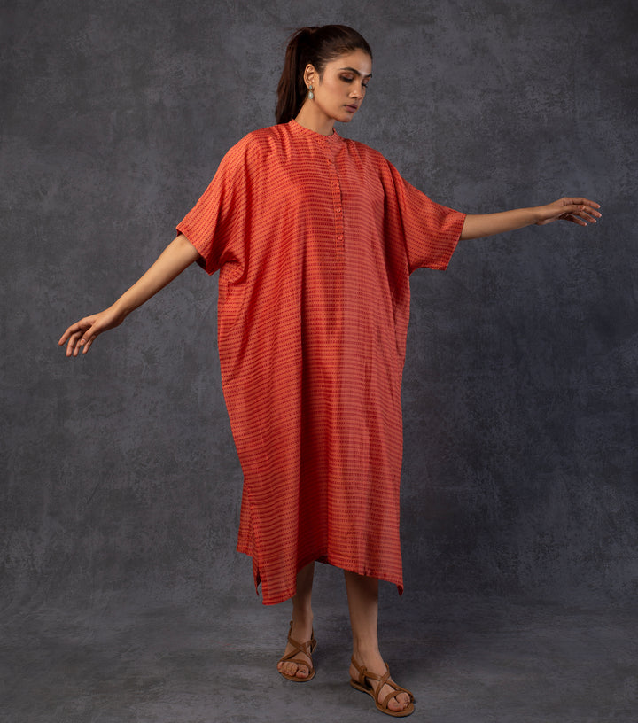 Orange Printed Chanderi Kaftan Dress