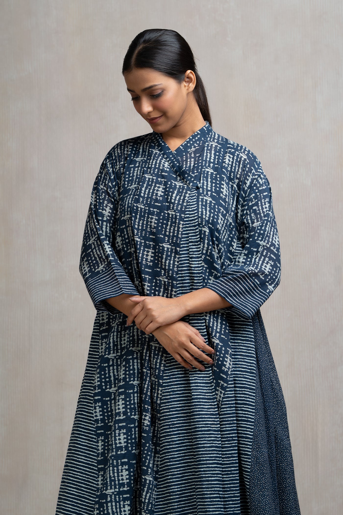 Navy Blue Cotton Printed Choga