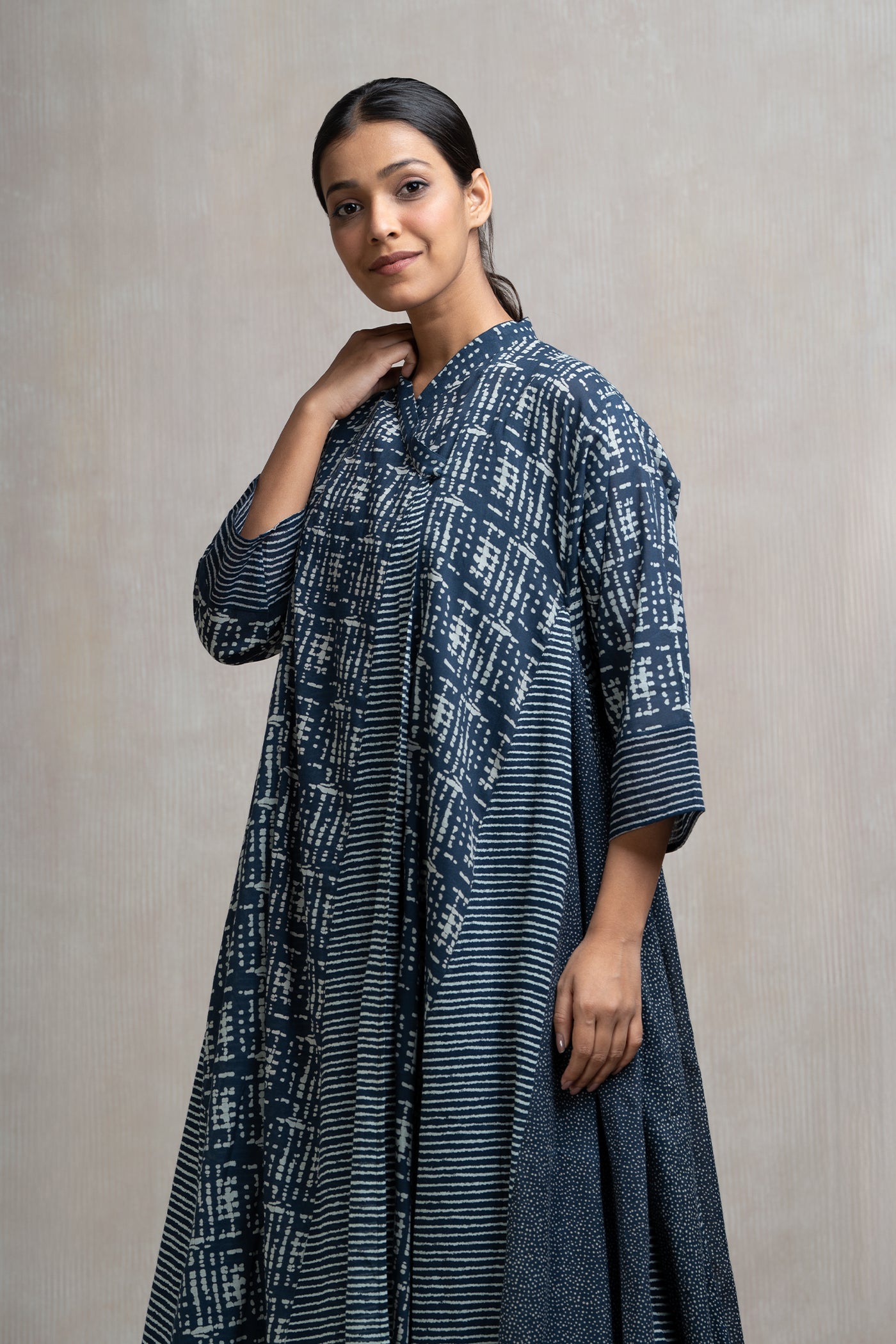 Navy Blue Cotton Printed Choga