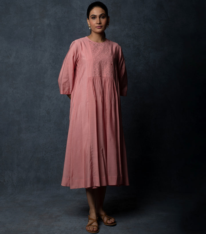 Pink Embroidered Chanderi Dress