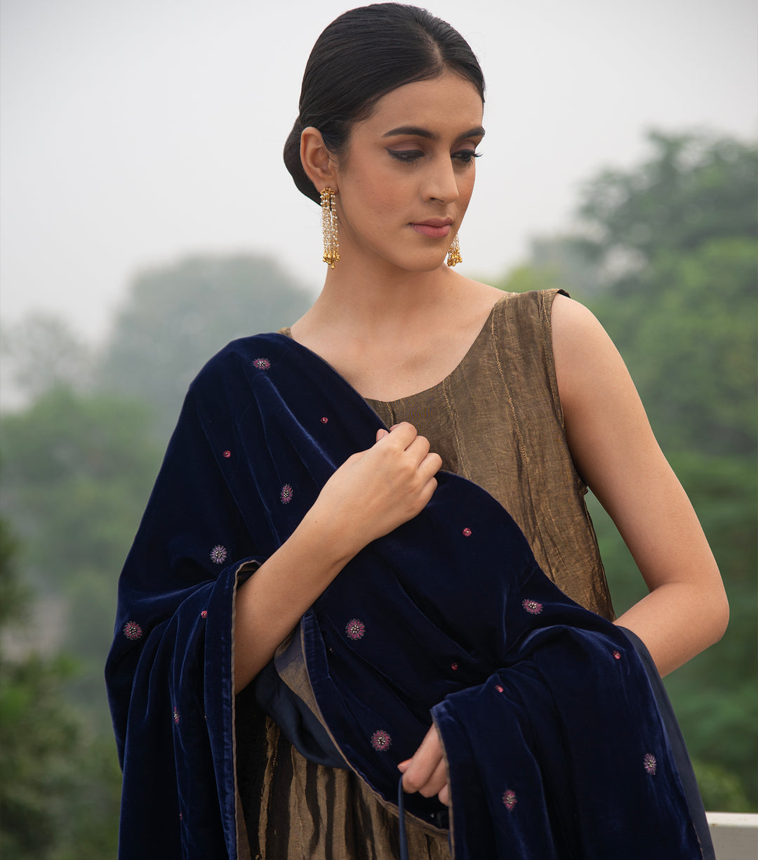 Navy Blue Hand Embroidered Velvet Dupatta