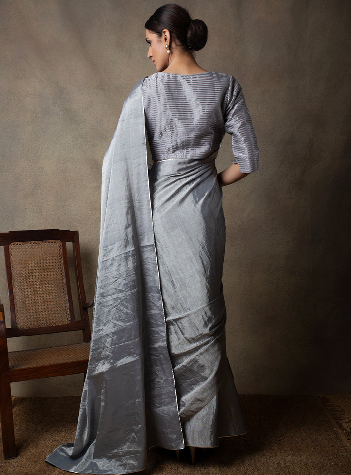 Grey Solid Tissue Saree