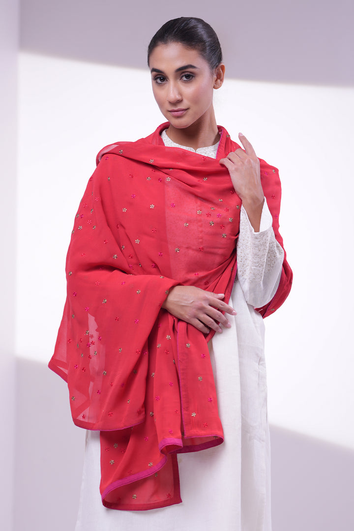 Red Hand Embroidered Dupatta