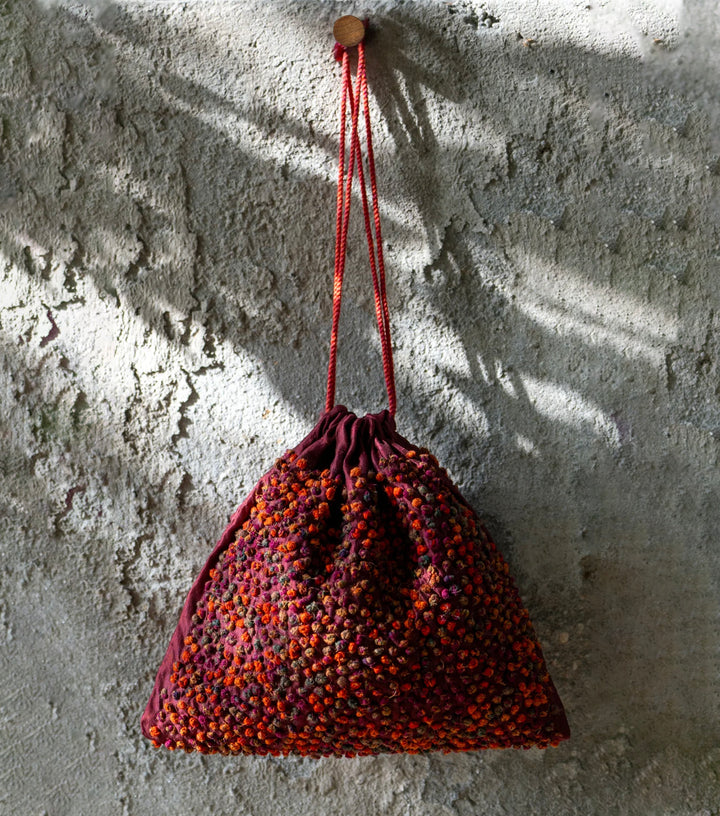 Maroon Silk French Knot Potli