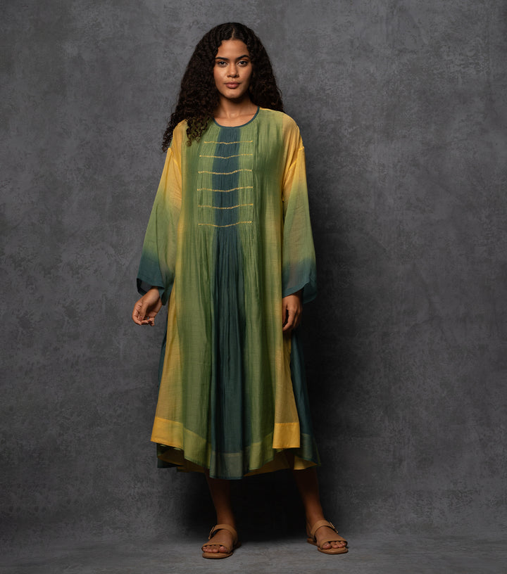 Ombre Grace Thread Embroidered Cotton Silk Long Dress