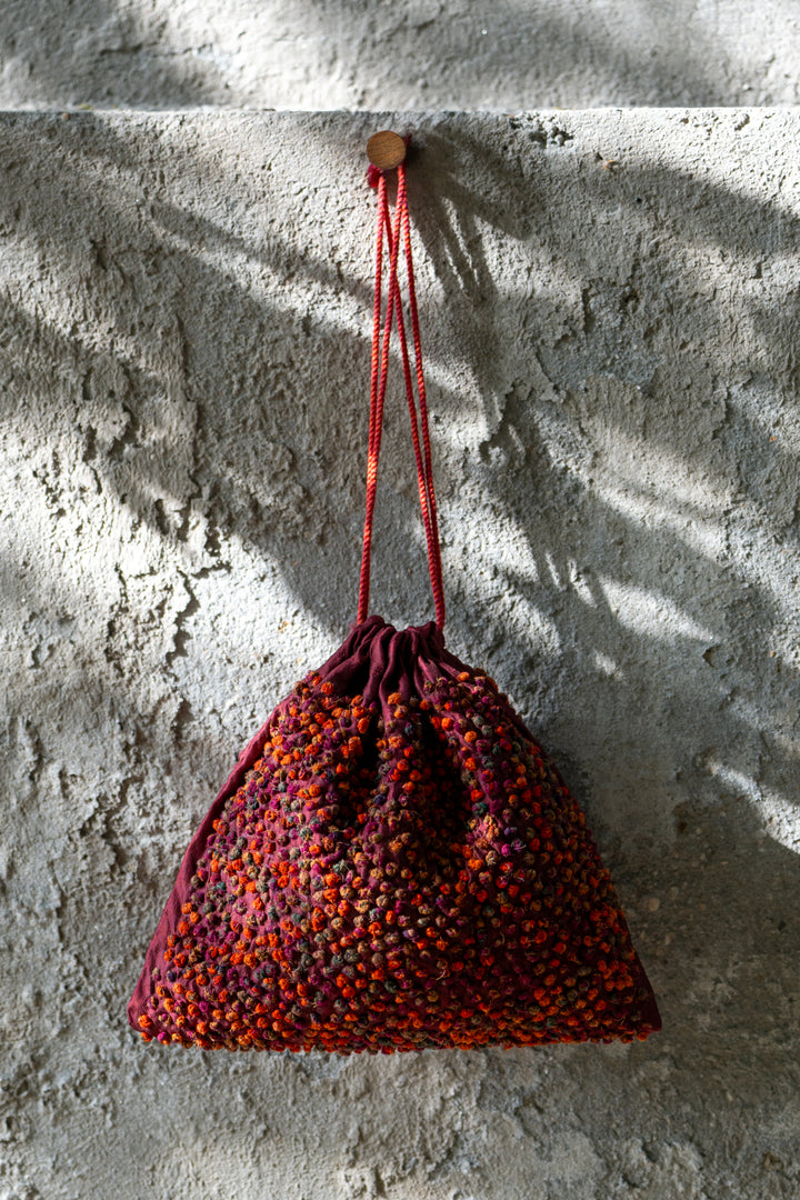 Maroon Silk French Knot Potli