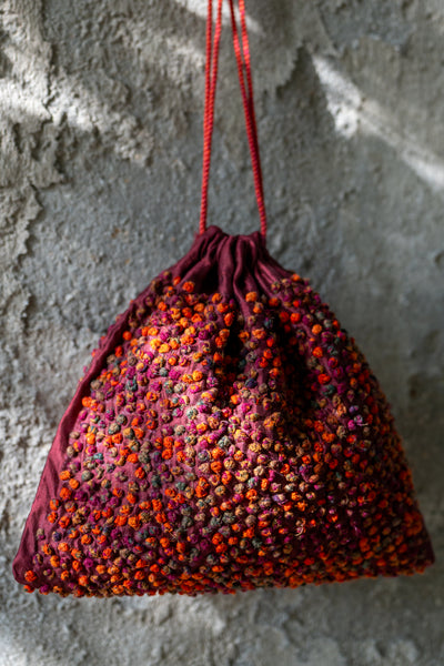 Maroon Silk French Knot Potli